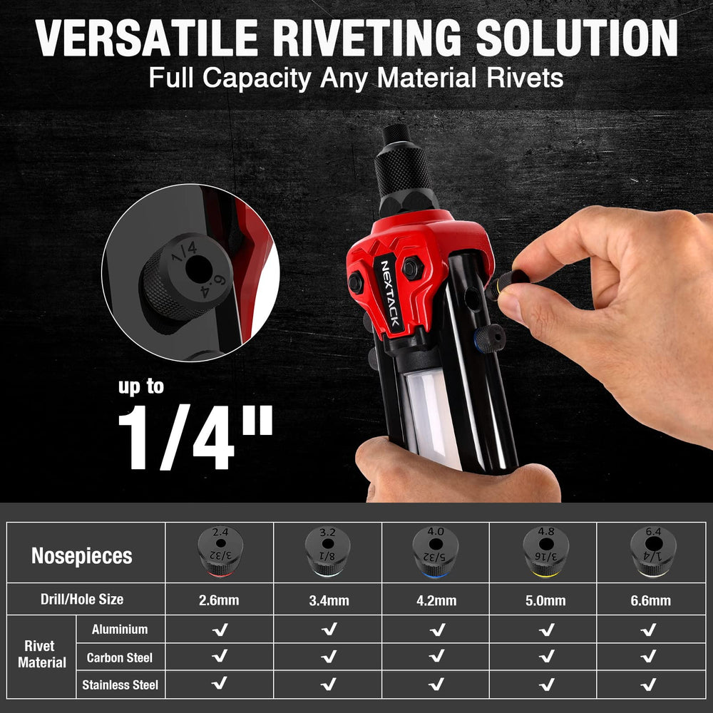 NEXTACK Rivet Gun Kit includes 350 rivets in a labeled case for ready use.