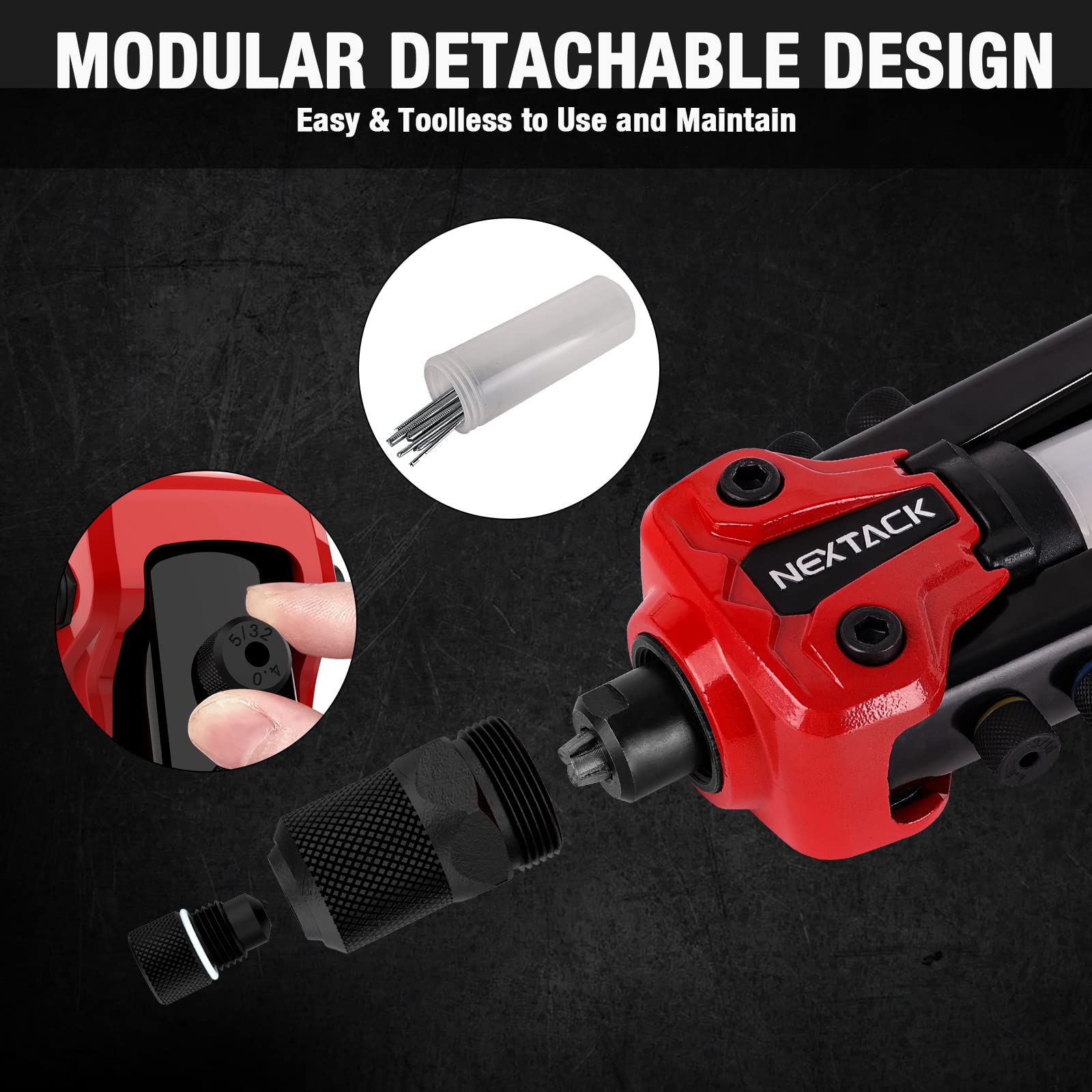 NEXTACK Rivet Gun Kit built-in mandrel catcher keeps workspace clean during use.