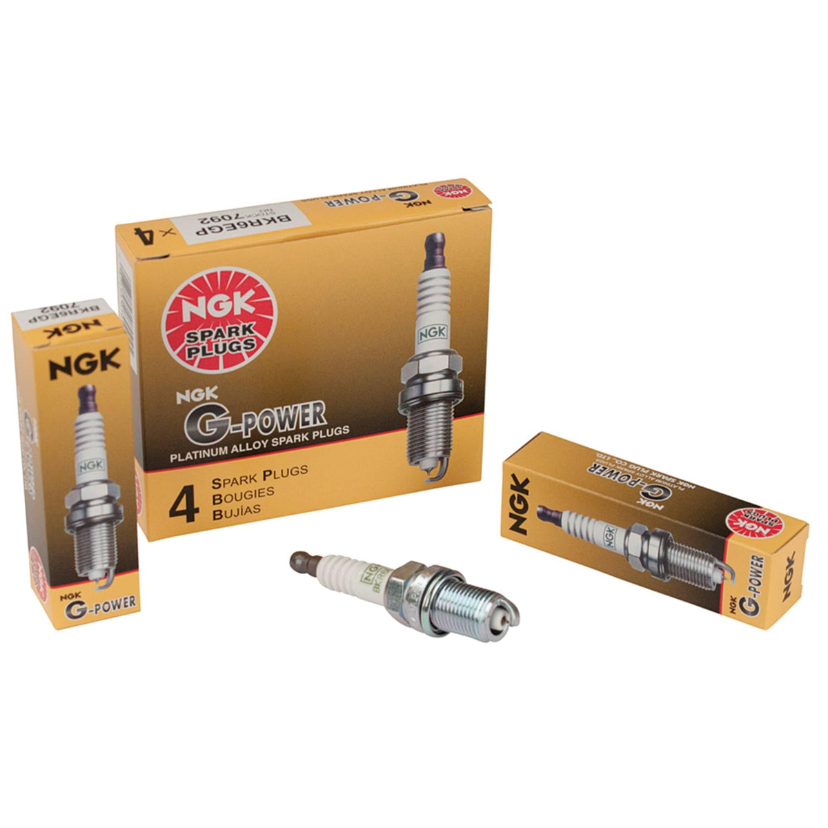 NGK BKR6EGP G-Power spark plug close-up showing precision electrodes for reliable ignition.
