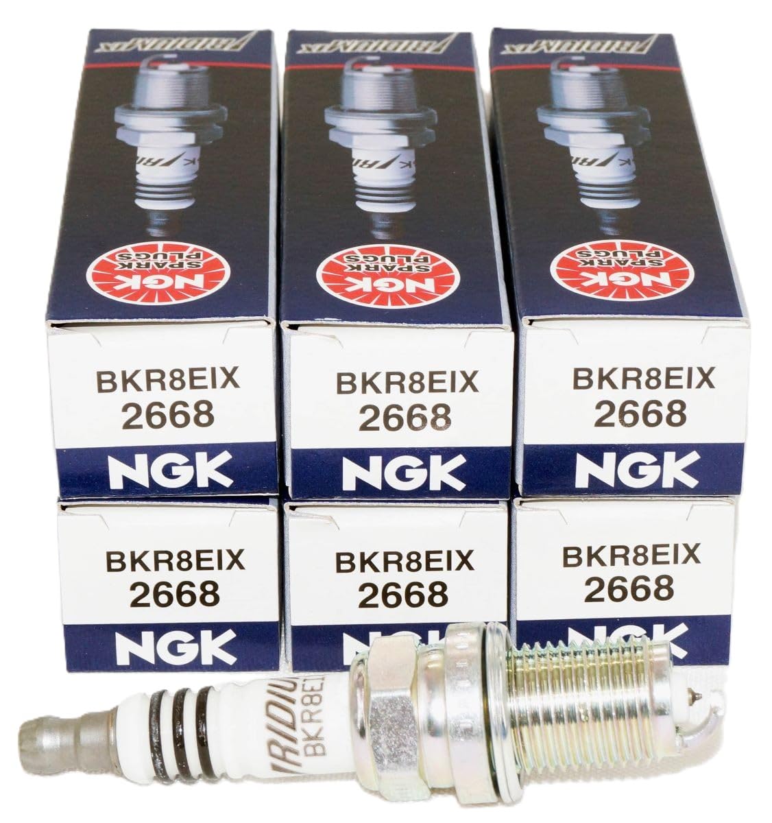 NGK BKR8EIX spark plug close-up showing iridium electrode for durability
