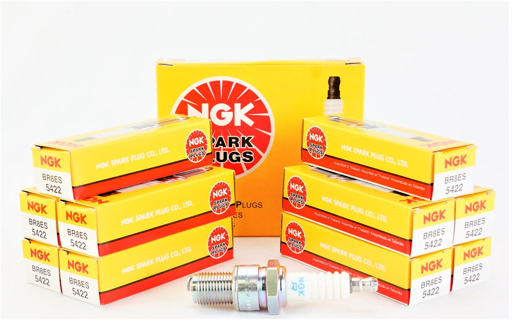 NGK BR8ES spark plugs in box showing ready-to-install ignition components.