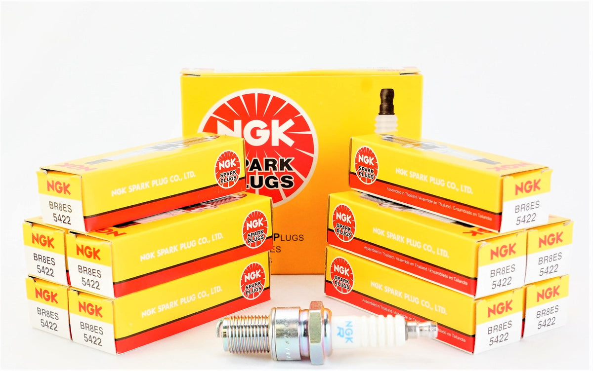 NGK BR8ES spark plugs in box showing ready-to-install ignition components.