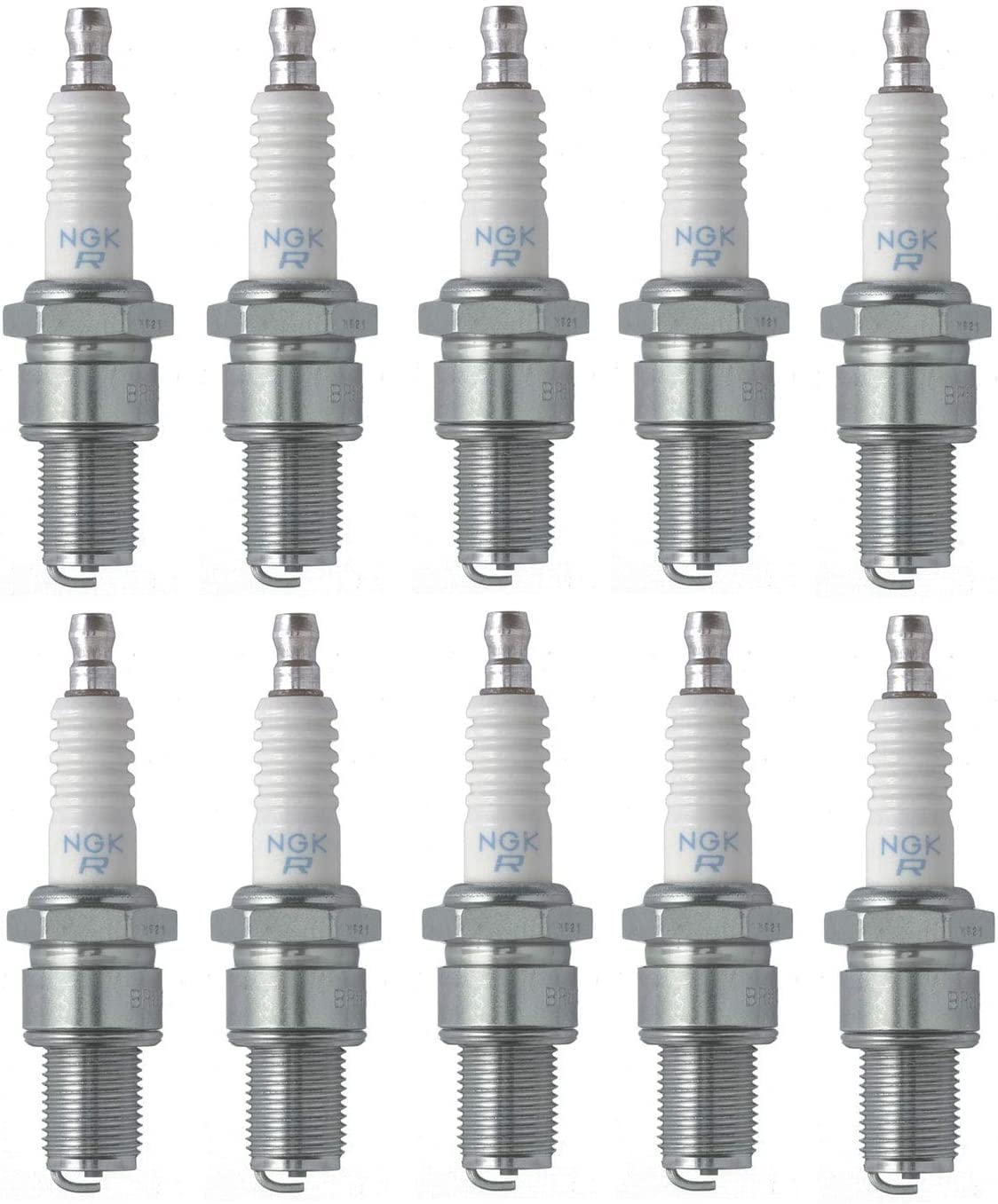 NGK BR9ES spark plugs pack of 10 ready for replacement.