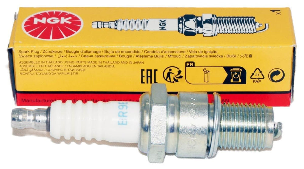 NGK BR9ES spark plug pack back view shows four high-quality units for easy replacement.