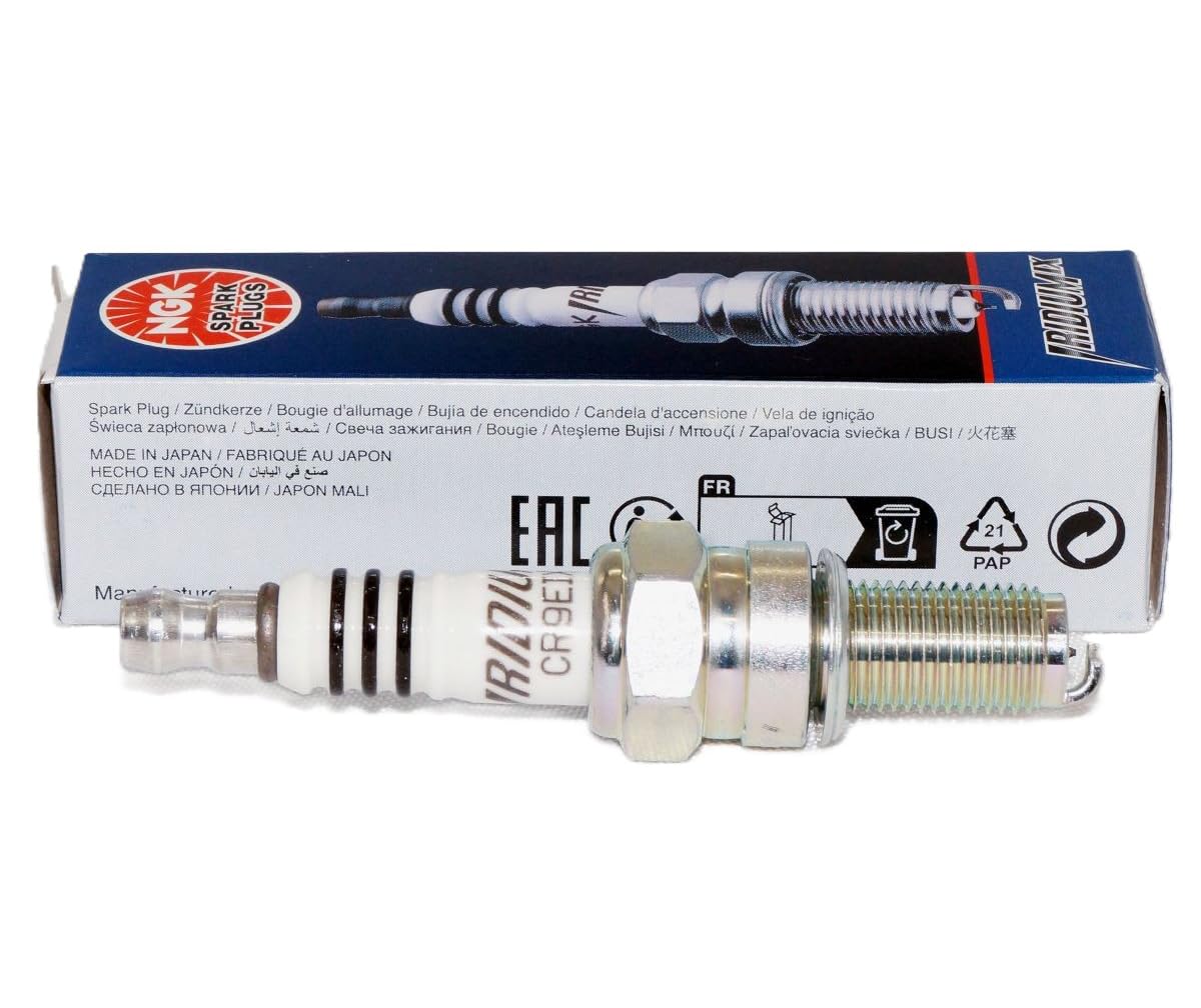 NGK CR9EIX spark plug back view shows durable components for long life