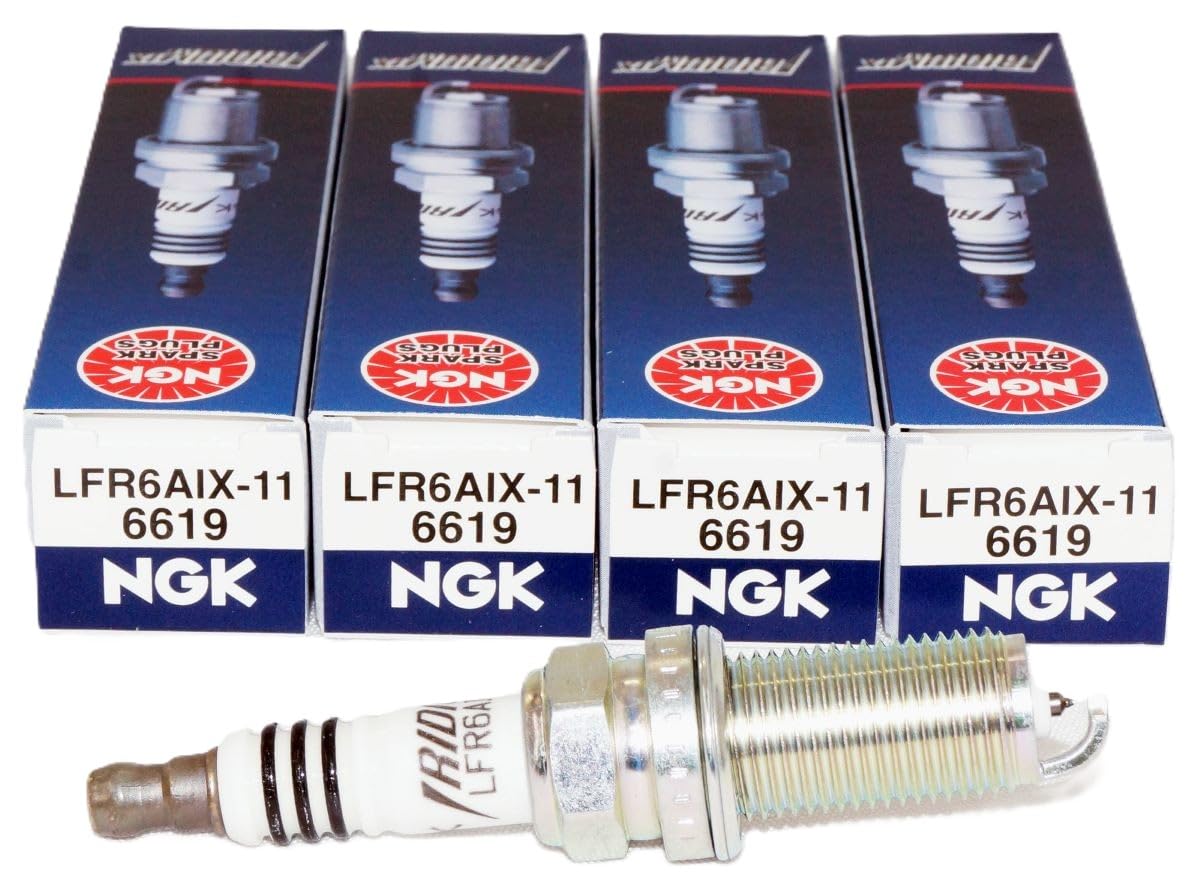 NGK iridium spark plugs LFR6AIX-11 close-up showing precision electrodes for lasting performance.