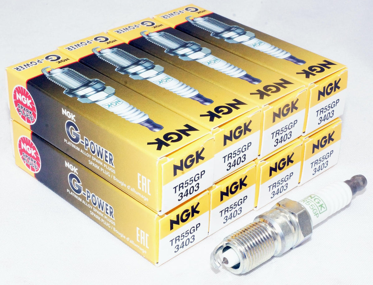 NGK TR55GP spark plug close-up reveals platinum tip and copper core for efficient ignition.