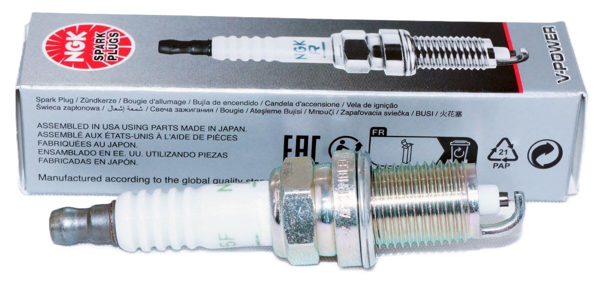 NGK ZFR5F-11 V-Power spark plug close-up of the electrode emphasizing anti-carbon buildup.