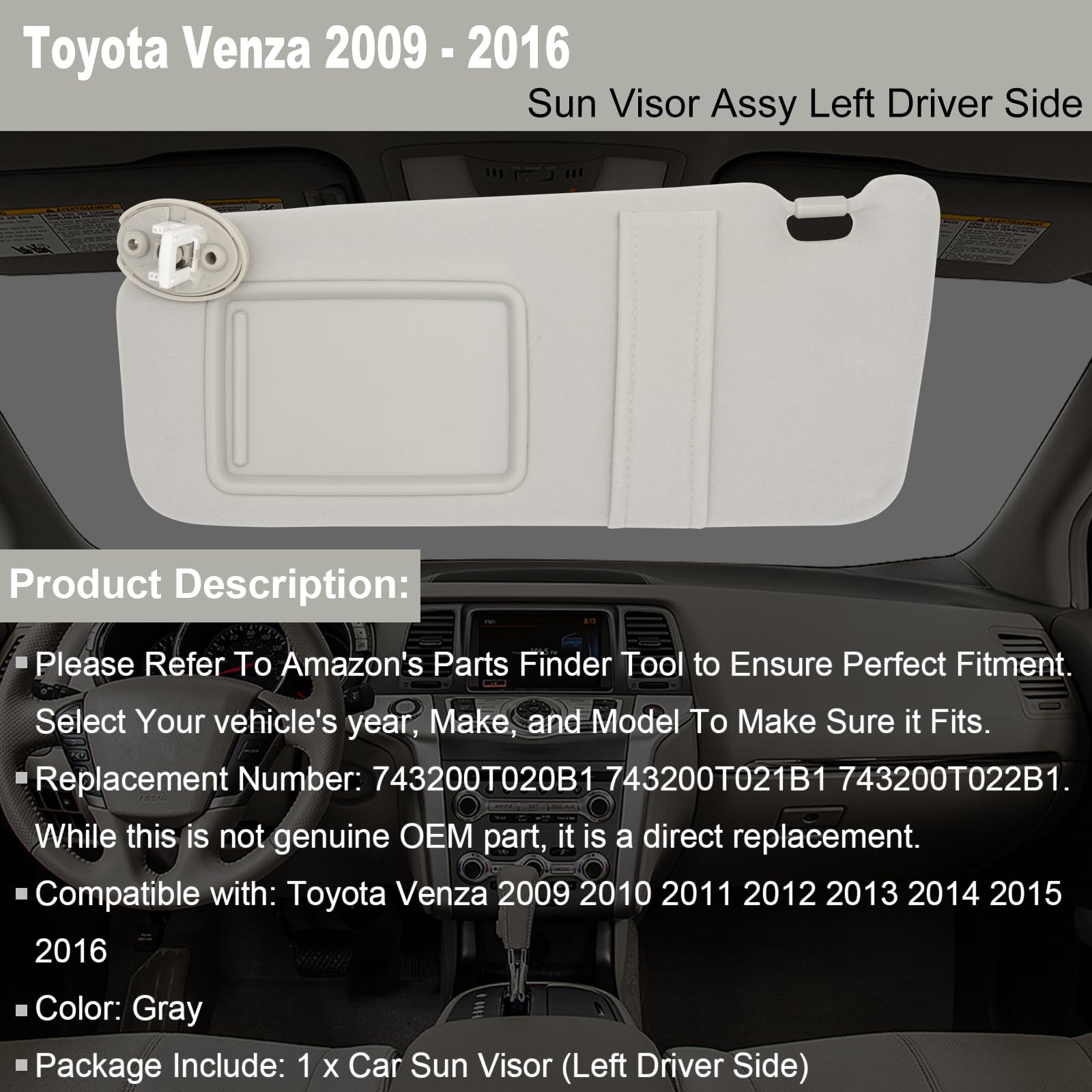 NHILES 743200T021B1 left sun visor gray as direct replacement