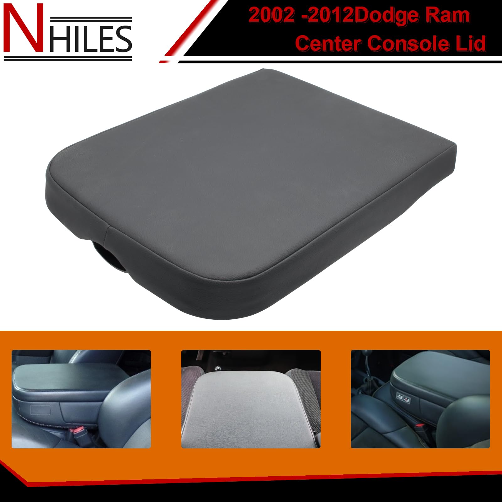 NHILES center console cover—close-up stitching detail for Dodge Ram.