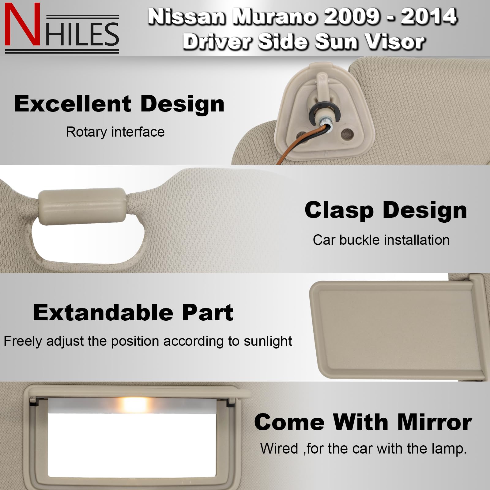 NHILES driver-side sun visor packaging for quick handling.