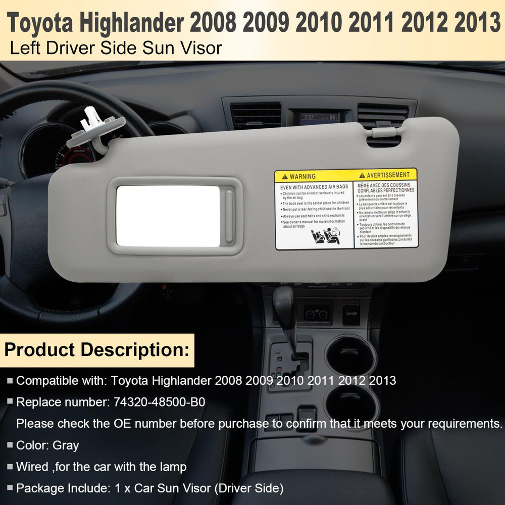 NHILES driver side visor replacement with OEM-like fit for Highlander 74320-48500-B0.