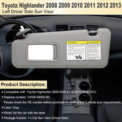 NHILES driver side visor replacement with OEM-like fit for Highlander 74320-48500-B0.