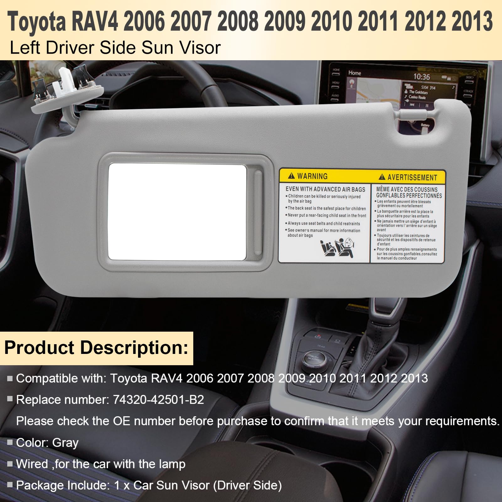 NHILES left driver sun visor side angle showing hinge and attachment for easy replacement.
