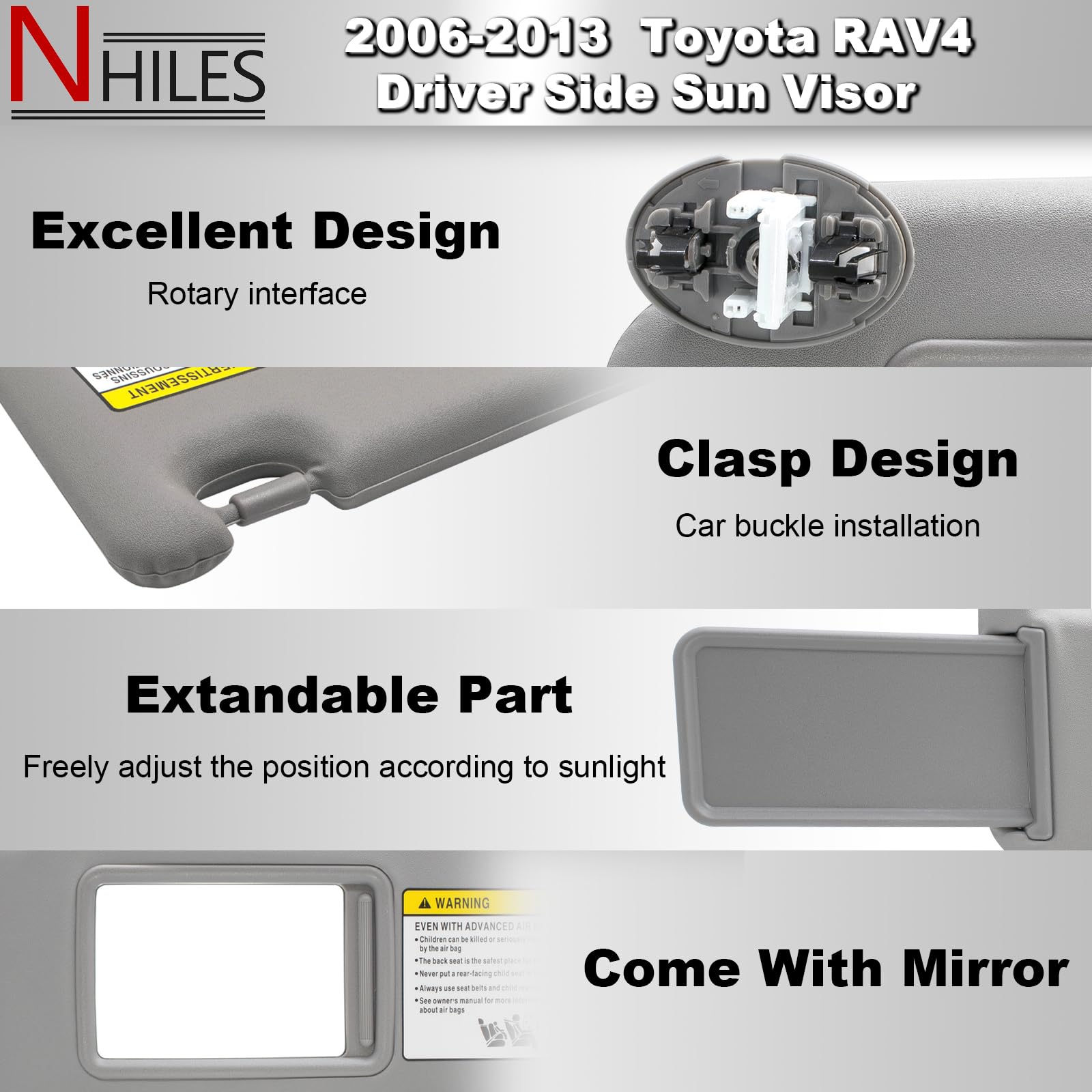 NHILES visor interior mounting clips visible; driver-side replacement for RAV4 2006-2013.