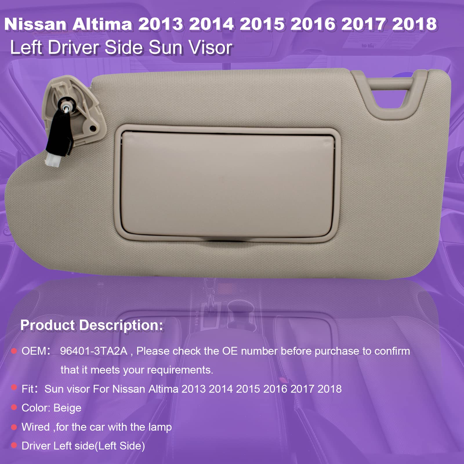 NHILES sun visor left driver side with light for Altima 2013–2018 enhances visibility.