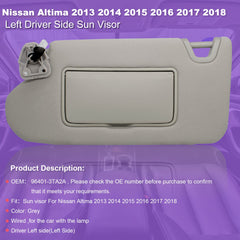 NHILES visor closeup with lamp for Nissan Altima 2013-2018 gray, showing wiring and switch