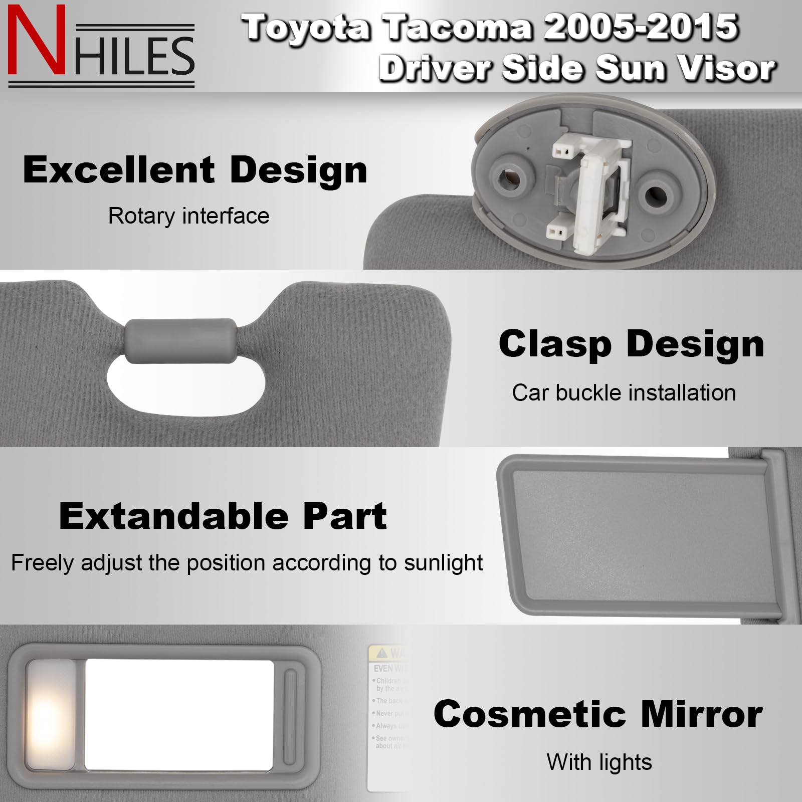 NHILES sun visor gray replacement package for left driver side.