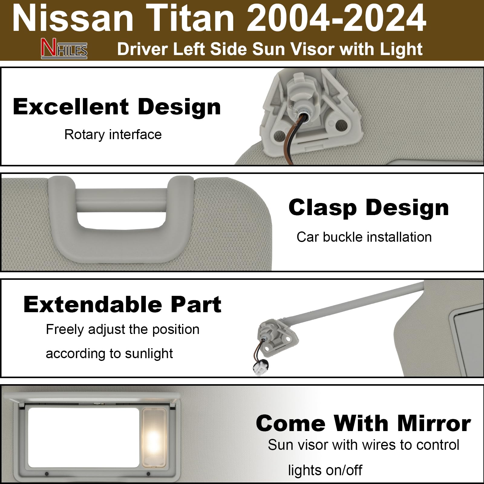 NHILES Infiniti QX56 left sun visor, gray with light for replacement.