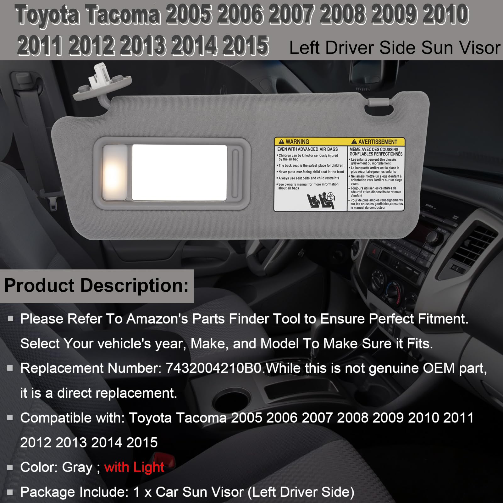 NHILES Toyota Tacoma 2005-2015 sun visor gray, ready for direct replacement.