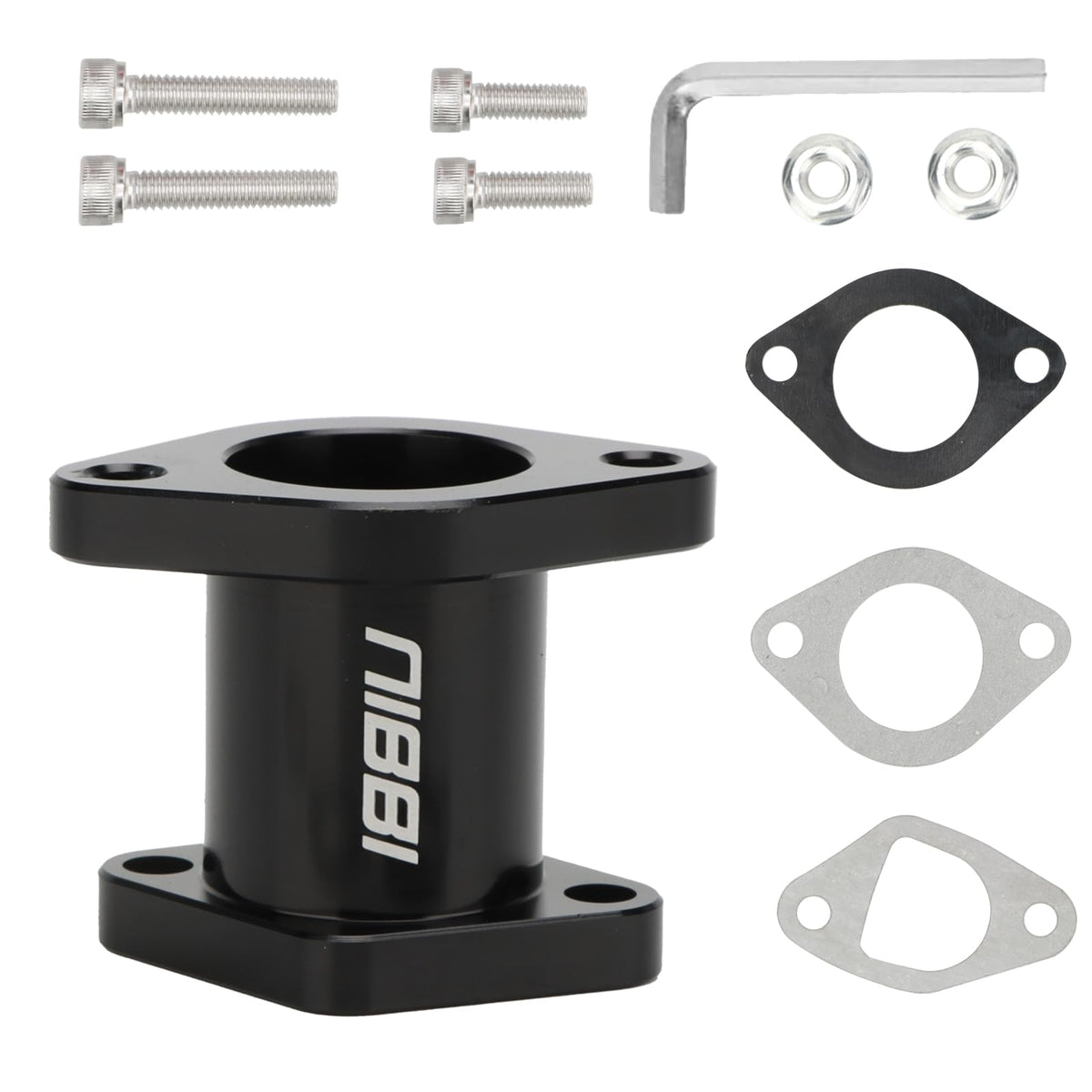 NIBBI Coleman intake manifold black closeup highlights durable aluminum construction.