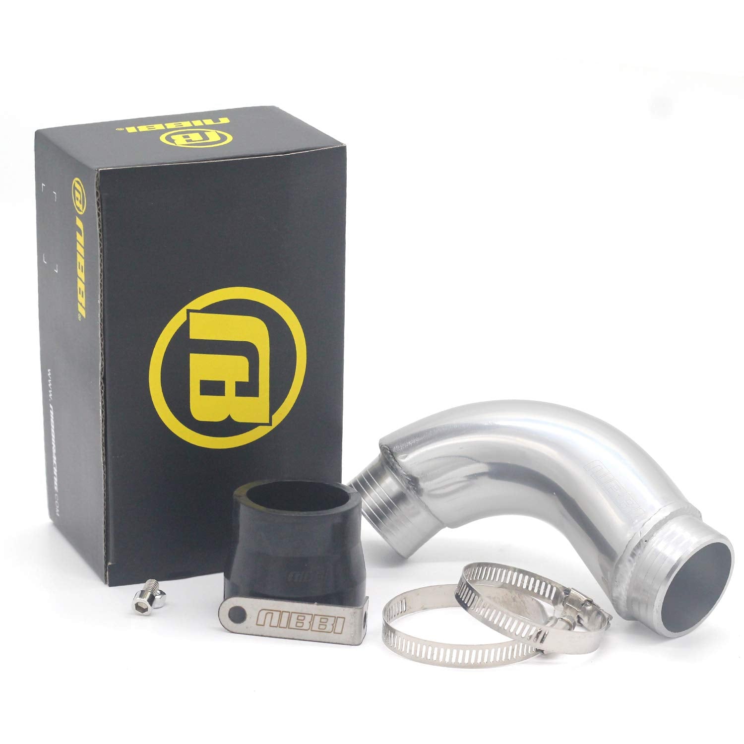 Nibbi curve pipe aluminum for GY6 engine improves air routing in tight builds.