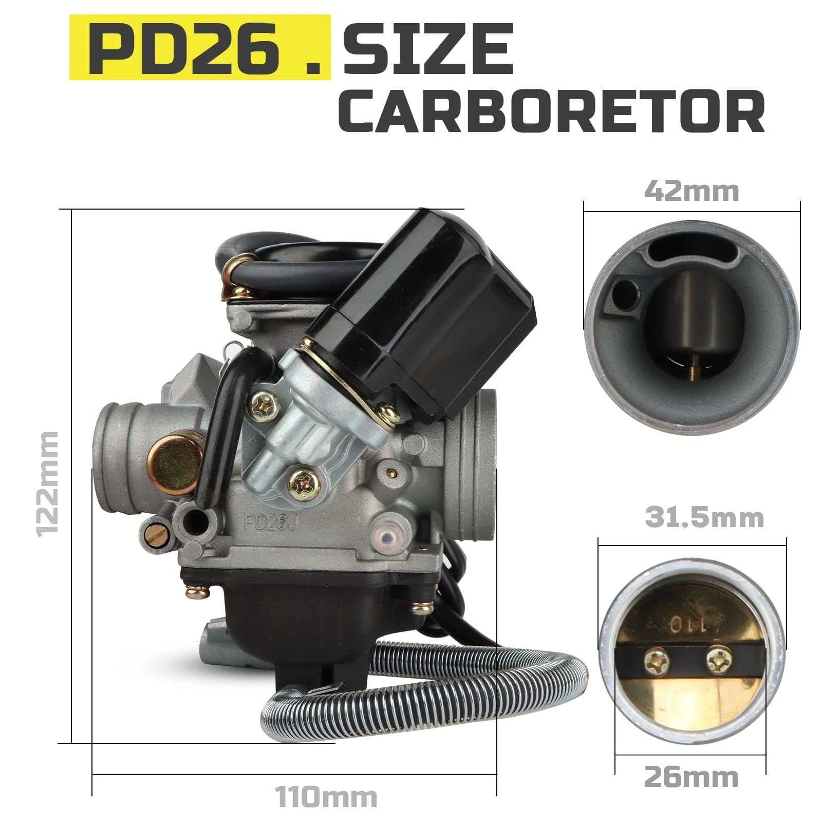 NIBBI PD26J 26mm carburetor side view showing compact mounting profile