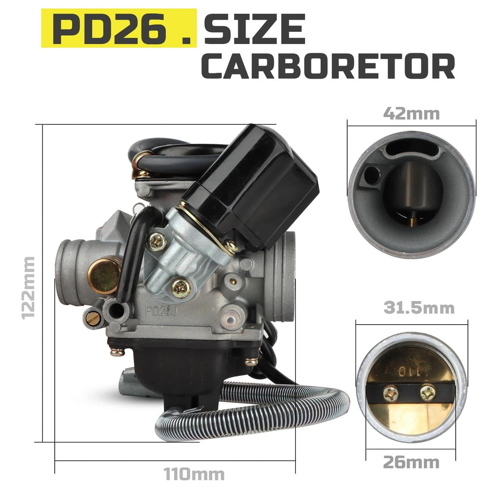 NIBBI PD26J 26mm carburetor side view showing compact mounting profile