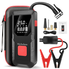 Nicholaus QB08L jump starter with air compressor powering a car in cold weather