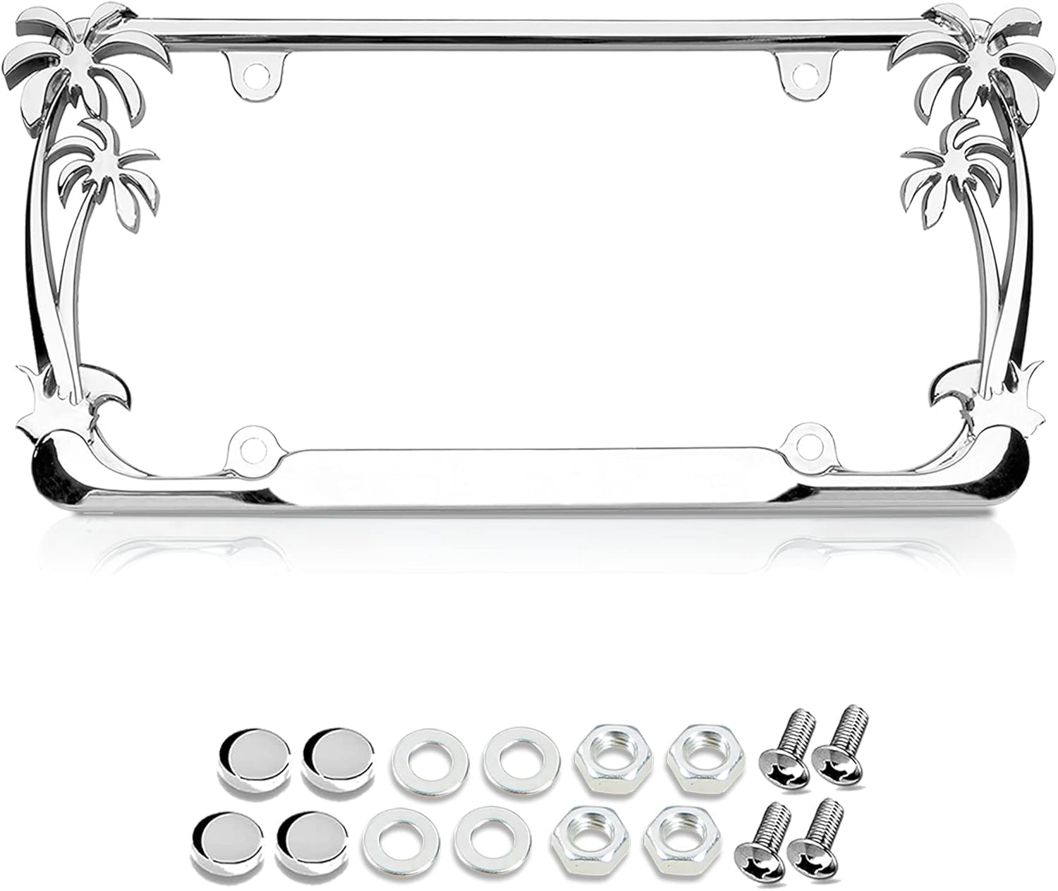 Nightingale Villa premium 3D palm-tree frame, front view, chrome shine for timeless vehicle style