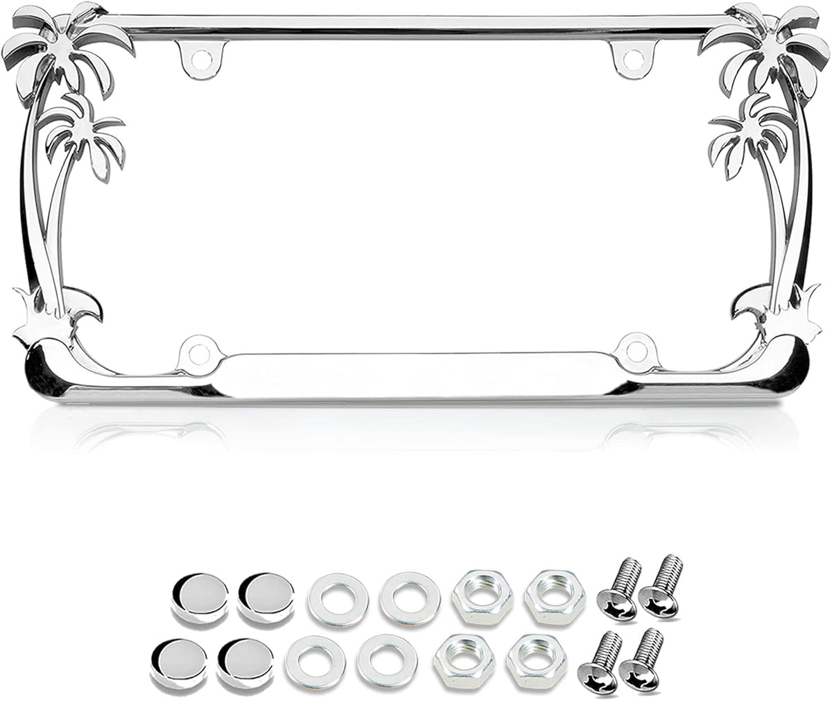 Nightingale Villa premium 3D palm-tree frame, front view, chrome shine for timeless vehicle style