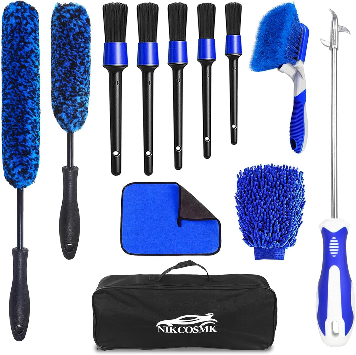 NIKCOSMK 12Pcs wheel brush kit packaging for complete car detailing.