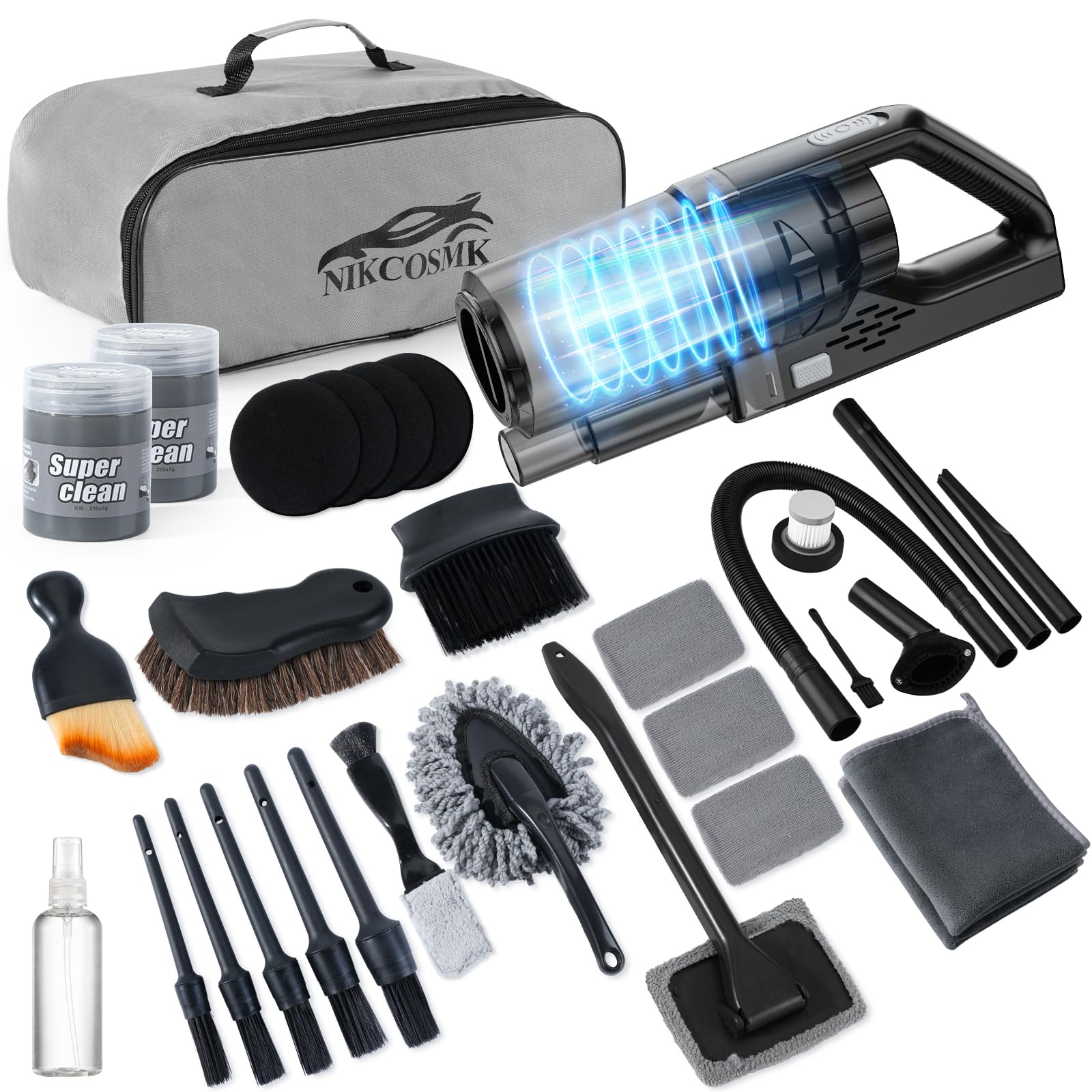 NIKCOSMK car cleaning kit vacuum with 8000PA suction cleans seats and dashboards