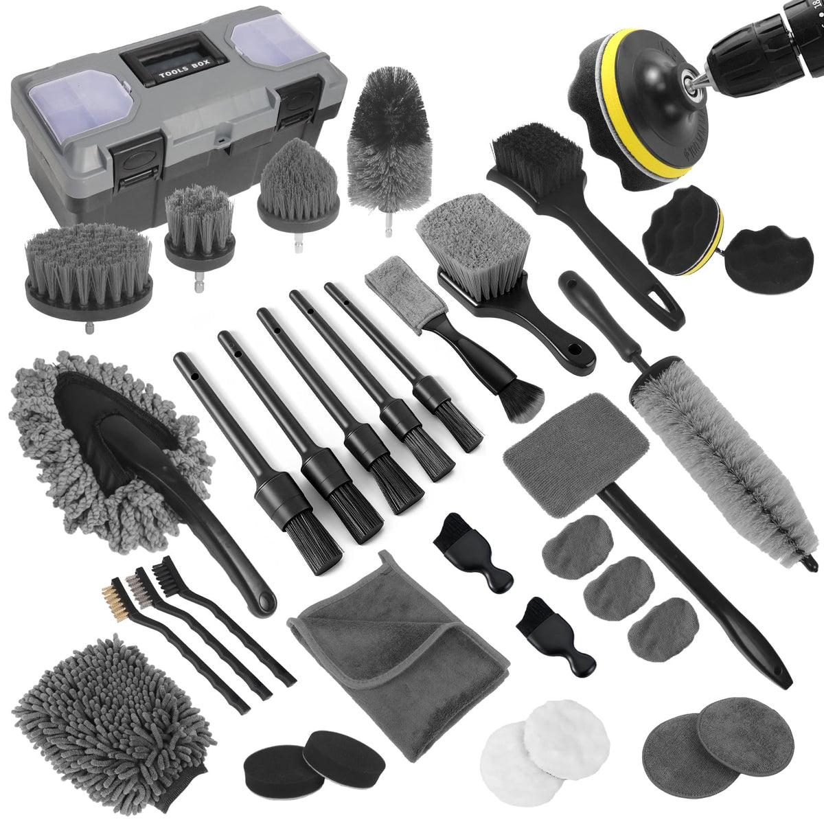 NIKCOSMK car detailing kit contents displayed, showcasing interior and exterior cleaning tools for versatile care
