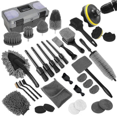 NIKCOSMK car detailing kit contents displayed, showcasing interior and exterior cleaning tools for versatile care