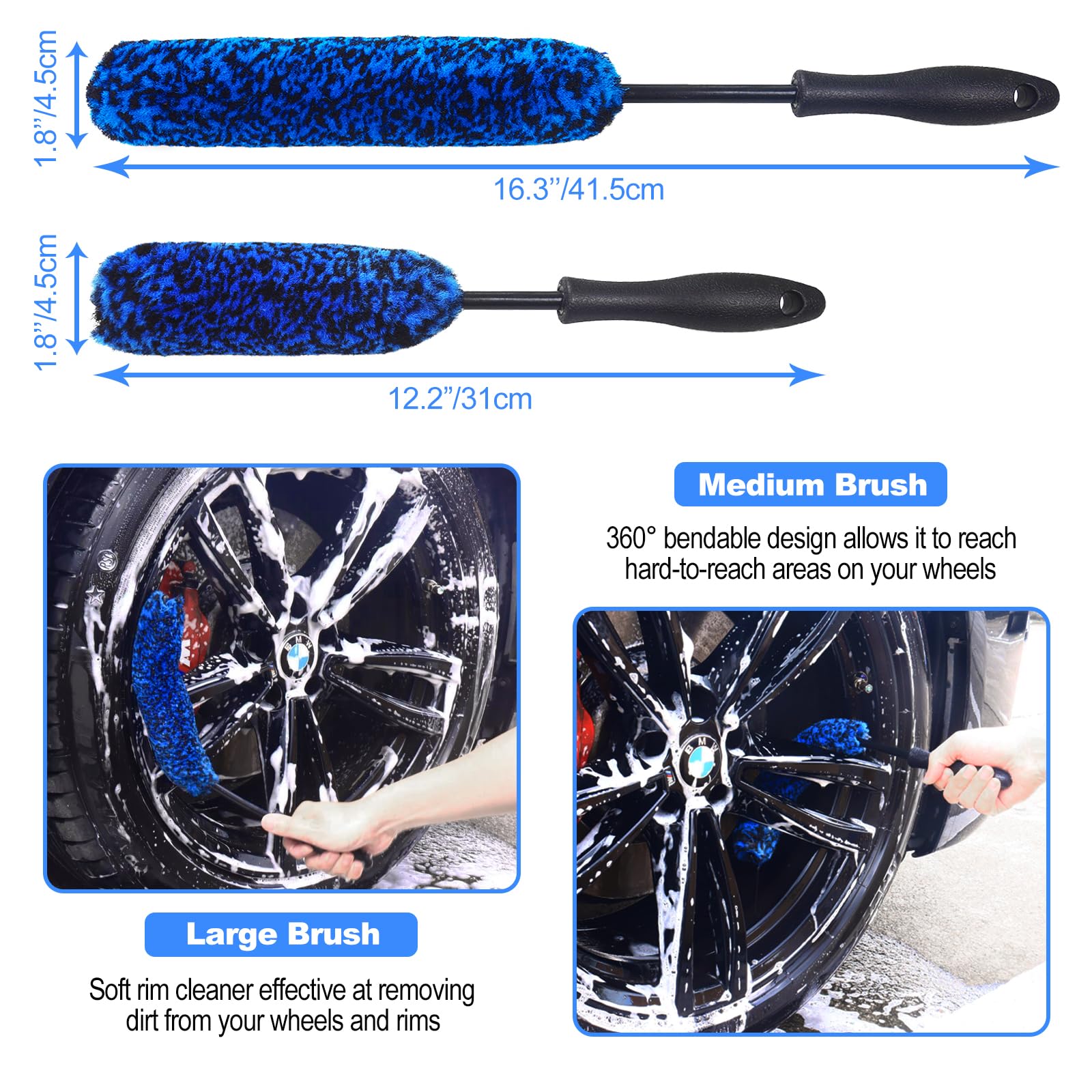 NIKCOSMK detailing brushes set designed for tight wheel gaps.