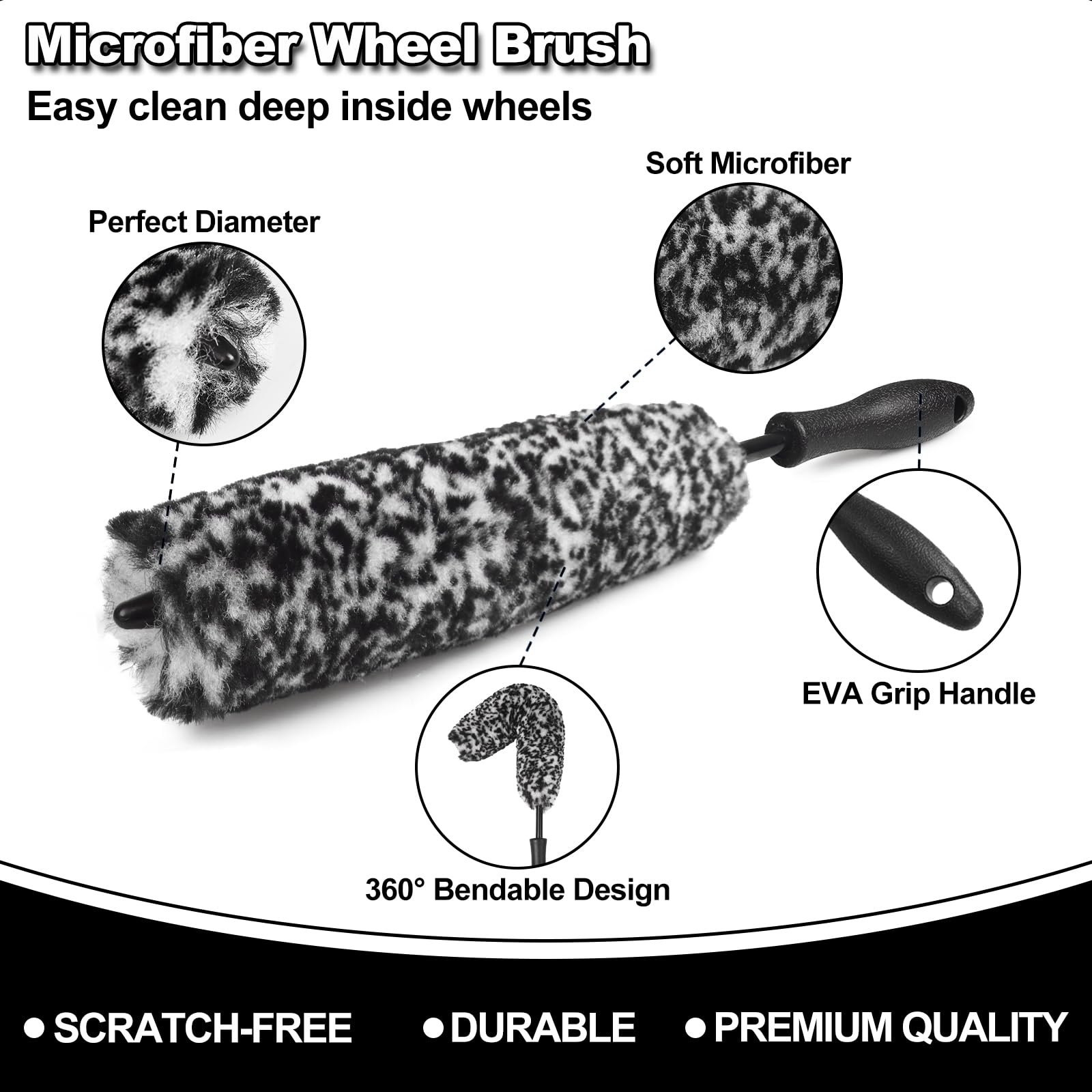 NIKCOSMK soft microfiber wheel brush close-up on wheels.