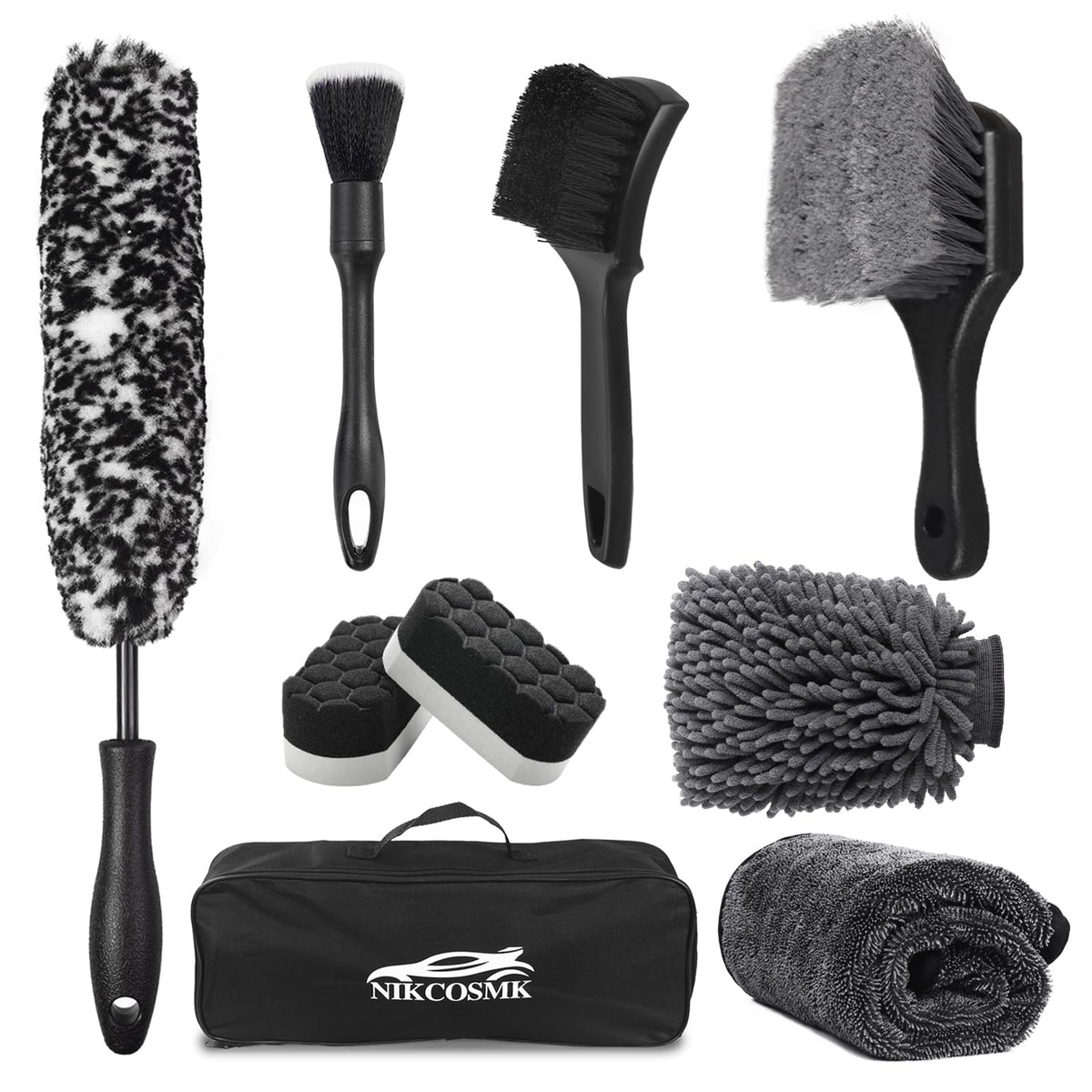 NIKCOSMK wheel cleaner brush with soft bristles safely cleans wheels.