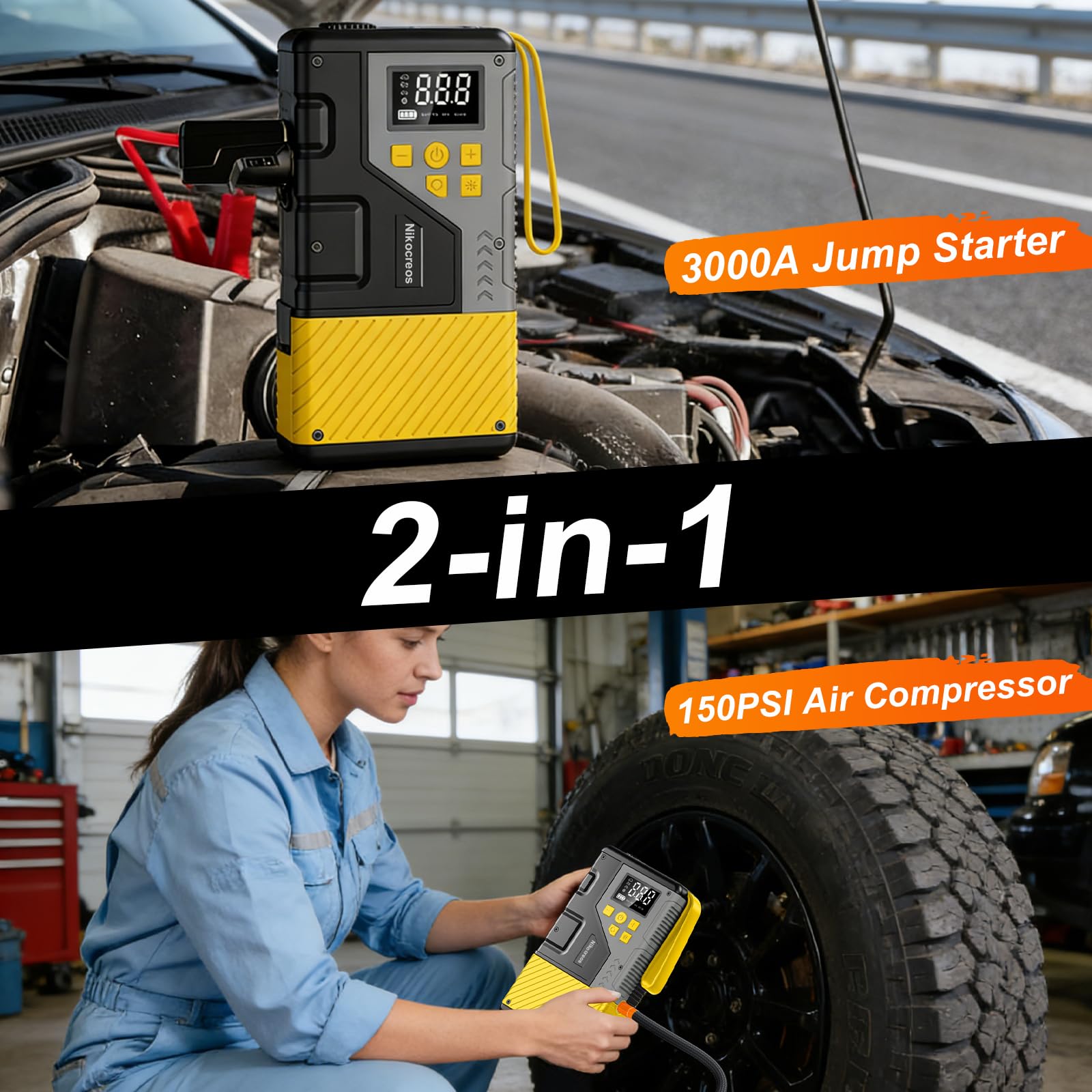 Nikocreos air-compressor inflates tires up to 150 PSI for on-demand readiness.