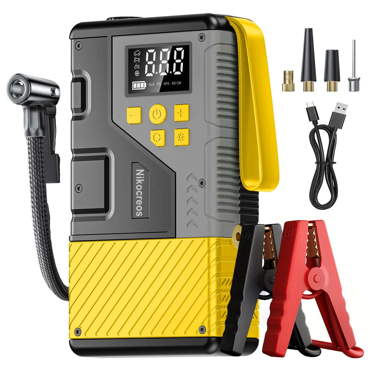 Nikocreos portable jump starter with LCD display enables quick roadside battery boosts.