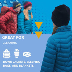 Nikwax Down Wash gear-cleaning illustration highlights wash-in formula enhancing water repellency.