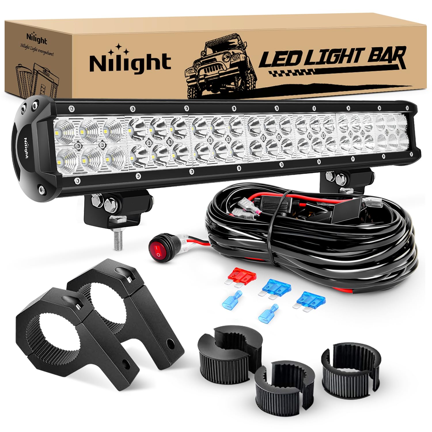 Nilight 126W light bar front view showing spot-flood combo beam for trail visibility