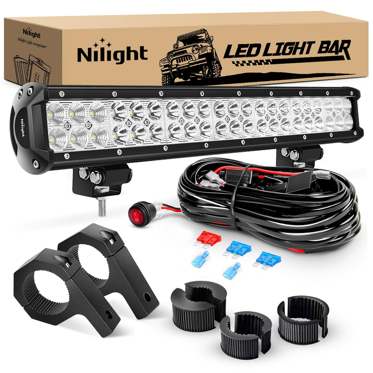Nilight 126W light bar front view showing spot-flood combo beam for trail visibility
