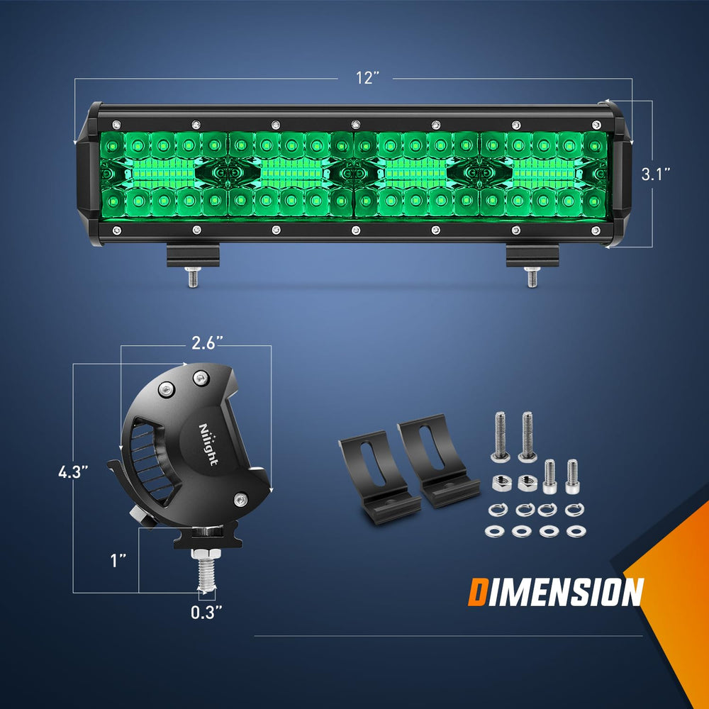 Nilight 12-inch green LED light bar side angle showing rugged build