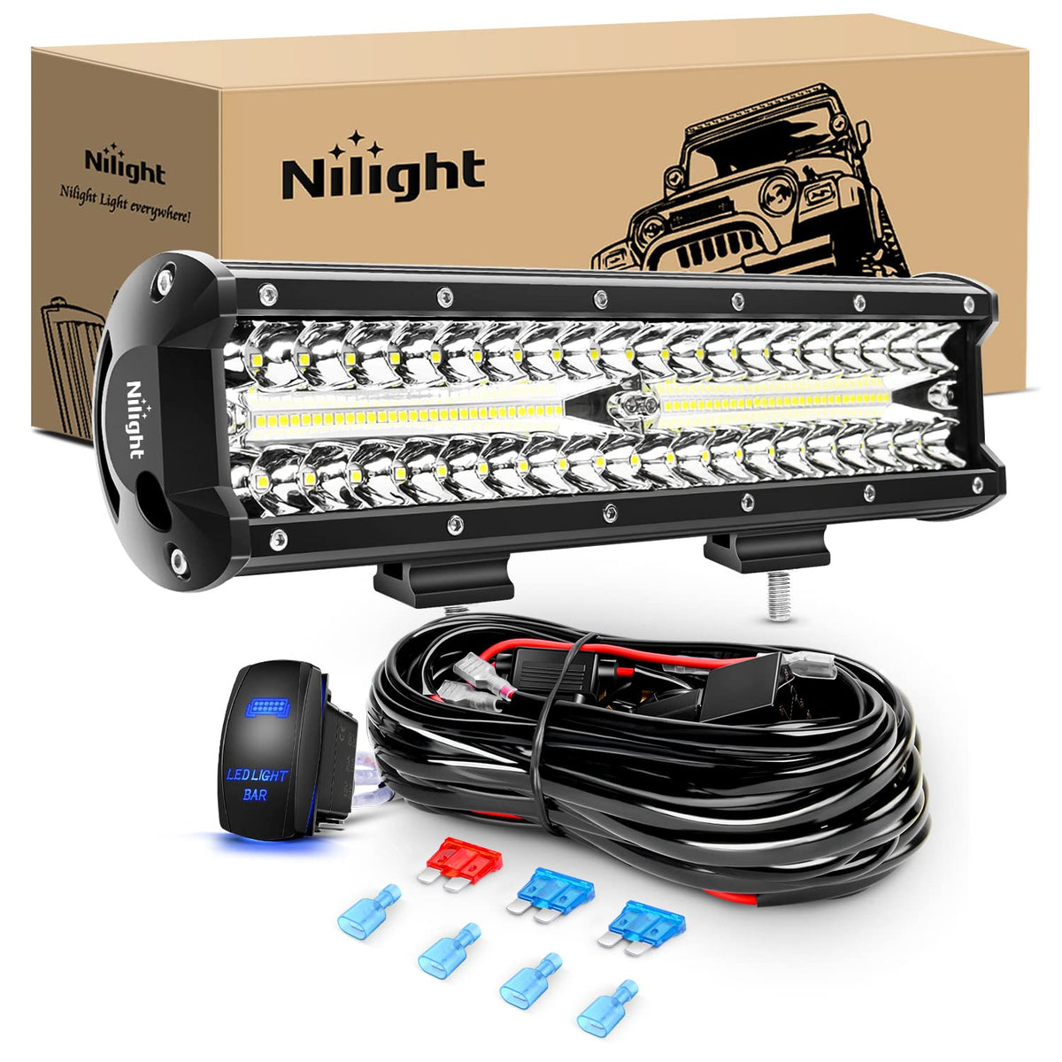 Nilight 12-inch LED light bar front view for enhanced visibility on road and trail.