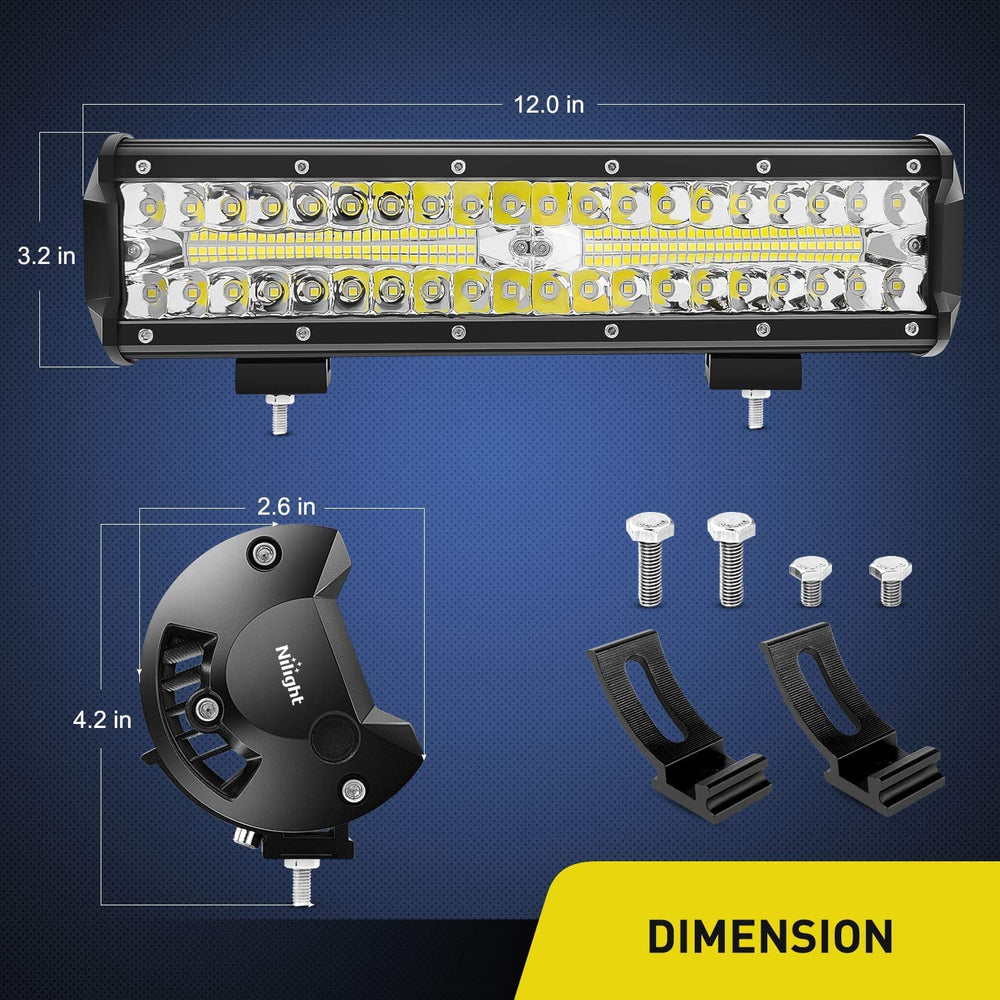 Nilight 12-inch LED light bar side angle for broad area illumination on adventures.