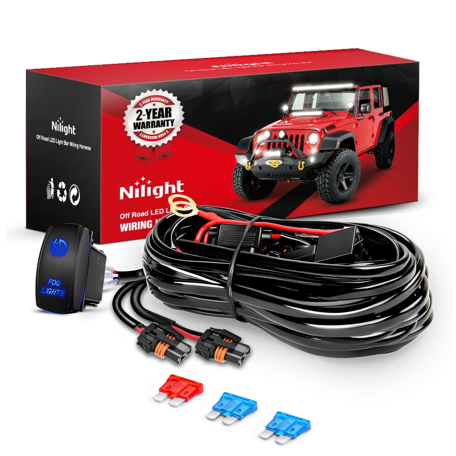 Nilight 16AWG fog light wiring harness kit ready for quick installation.