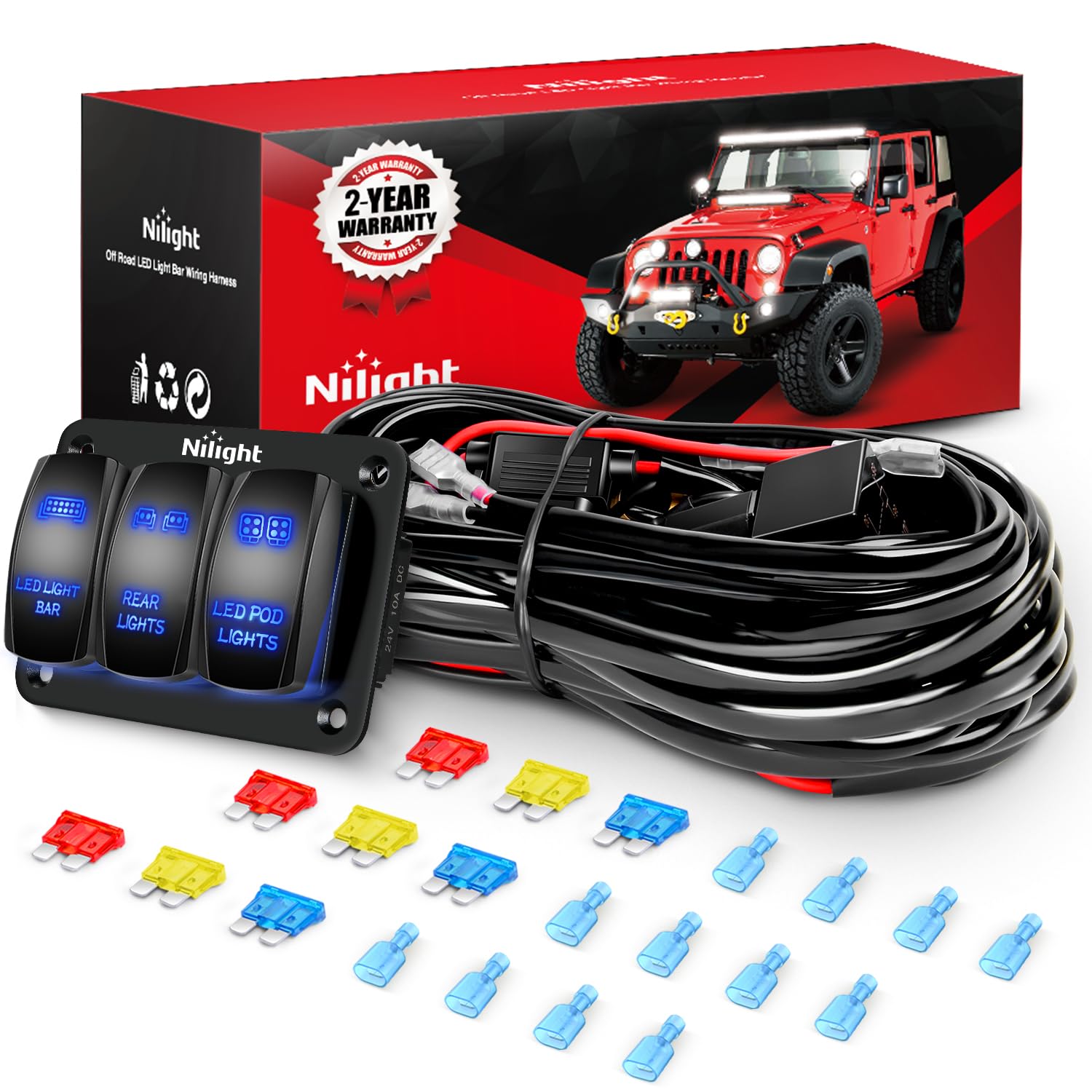 Nilight 16AWG wiring harness for front installation enabling multi-light setups.