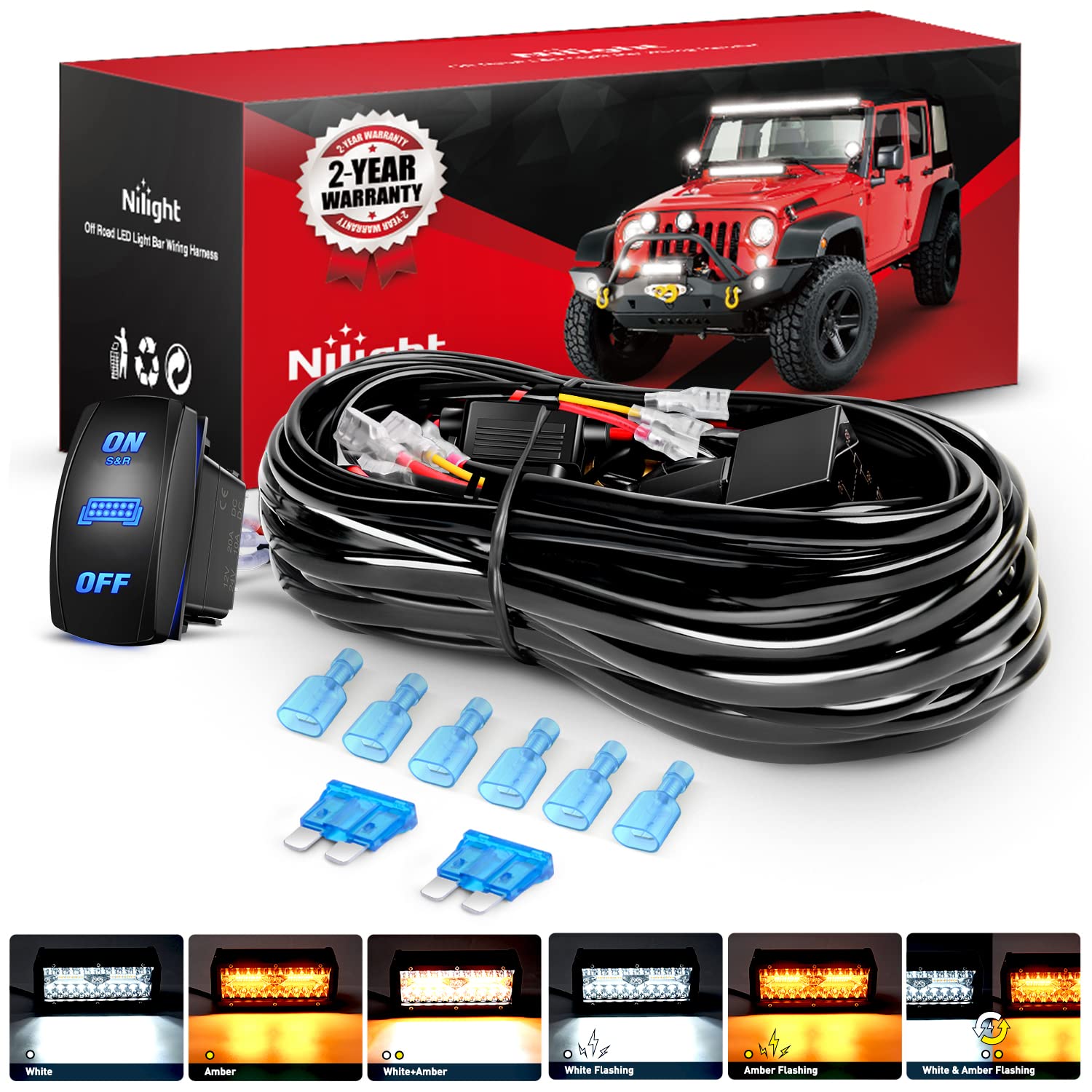 Nilight 16AWG wiring harness with two leads facilitates reliable dual-light setup on 12V vehicles.