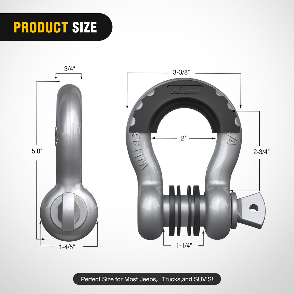 Nilight 2-pack 3/4-inch D-ring shackles, side view, ready for towing and heavy-duty use.